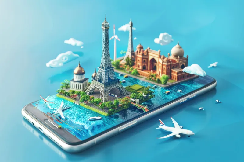 Изометрическая 3D-иллюстрация всемирно известных достопримечательностей на экране смартфона, показывающая знаковые здания и памятники со всего мира