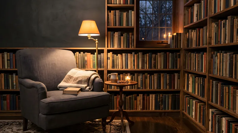 Теплый уютный интерьер библиотеки с книгами, креслом, лампой для чтения и спокойной вечерней атмосферой