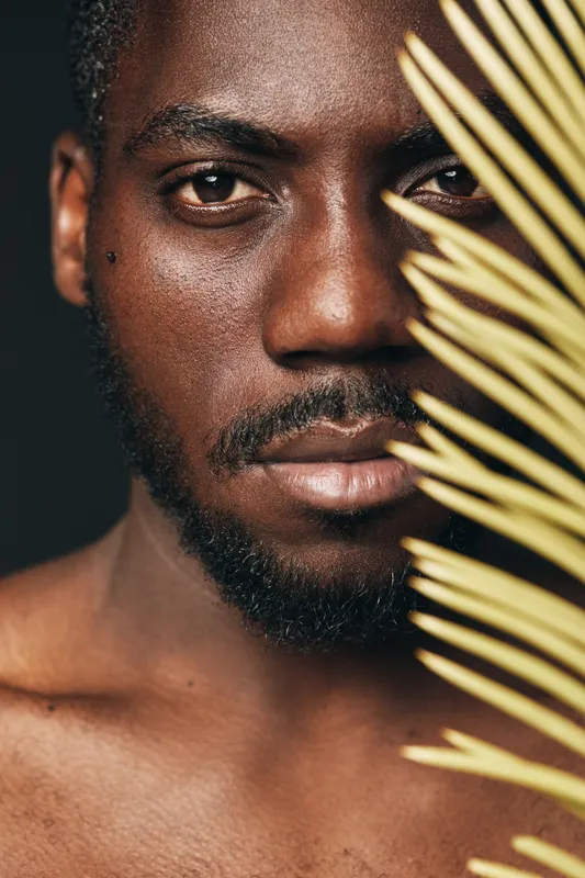 African man portrait with dark skin and beard in creative conceptual visual style holding palm leaf close to face with serious expression and natural texture on black background.