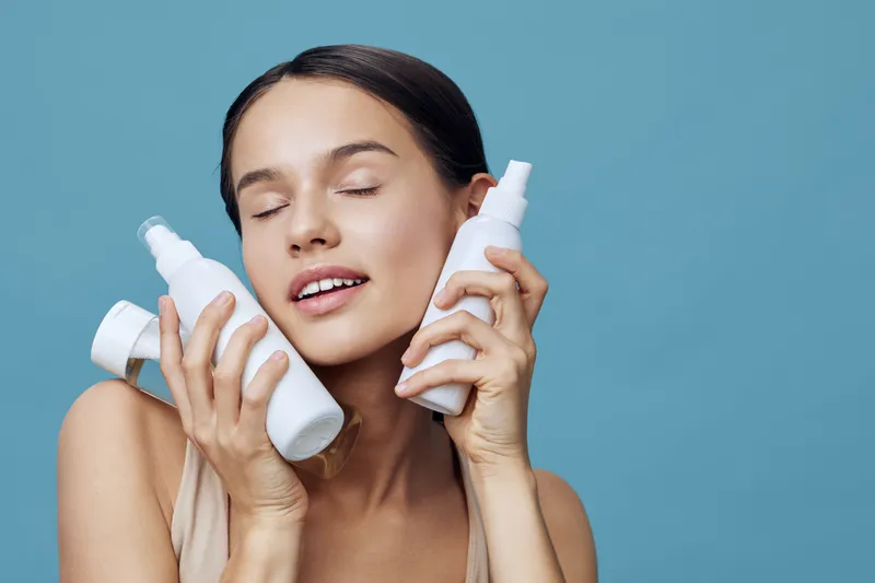 Young woman with closed eyes, holding skincare products, smiling happily against a light blue background, embodying self care and confidence in beauty routines