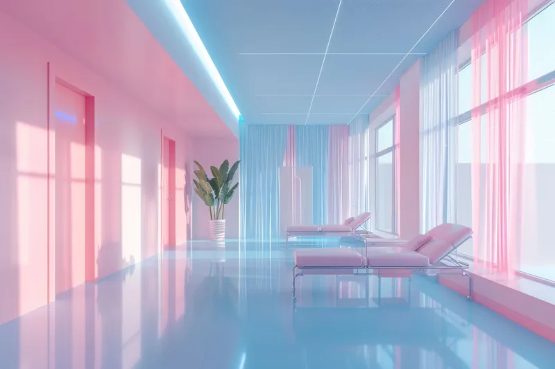 Пустой коридор с розовыми и голубыми стенами и розовым диваном посередине комнаты в современном дизайне