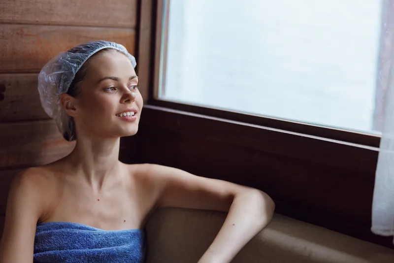 Relaxed woman in a blue towel and shower cap sitting by the window, enjoying calm moments indoors with natural light and wooden interior details.