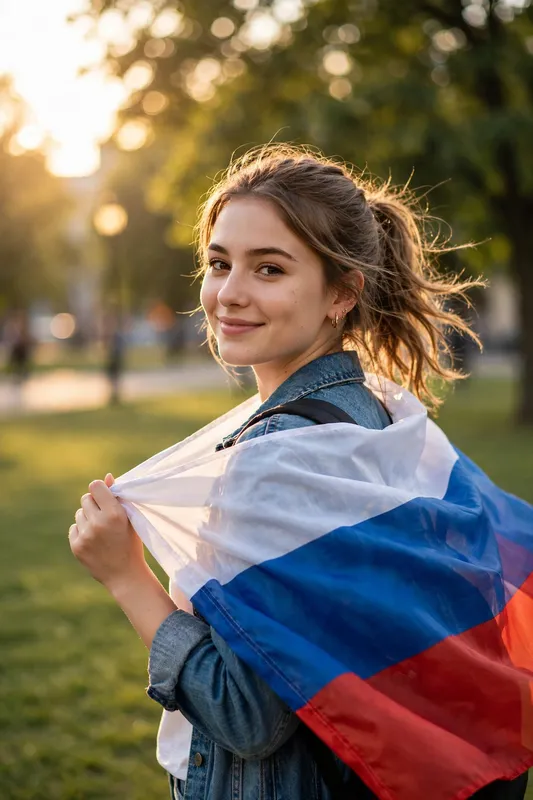 Молодая девушка с российским флагом на плечах в парке