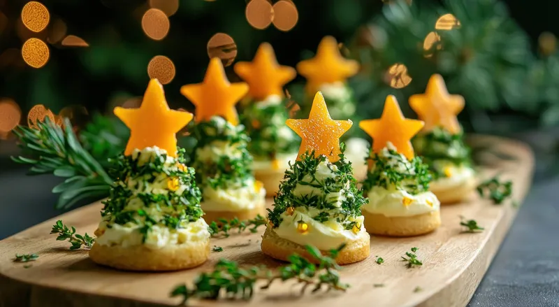Вкусные праздничные закуски, включающие угощения в форме елочек, увенчанные звездочками