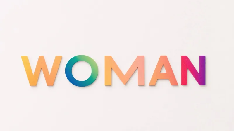 Яркий градиентный текст, читаемый как WOMAN, символизирует женственность и расширение прав и возможностей