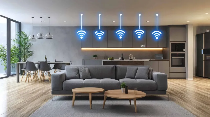 Современное жилое пространство с серым диваном и символами подключения к Wi-Fi, объединяющее комфорт и технологии в стильном интерьере, идеально подходящем для современной жизни
