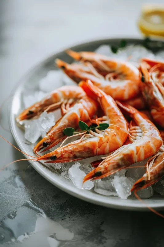Вкусные свежие креветки на льду с лимоном на белой тарелке на сером фоне для любителей морепродуктов