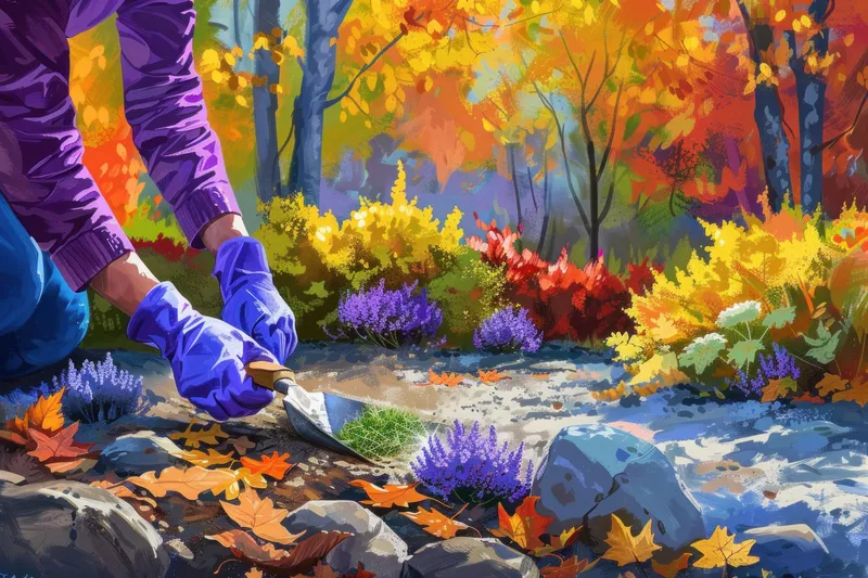 Сцена, показывающая садовника в фиолетовых перчатках, сажающего растения в пышном саду в окружении ярких осенних красок