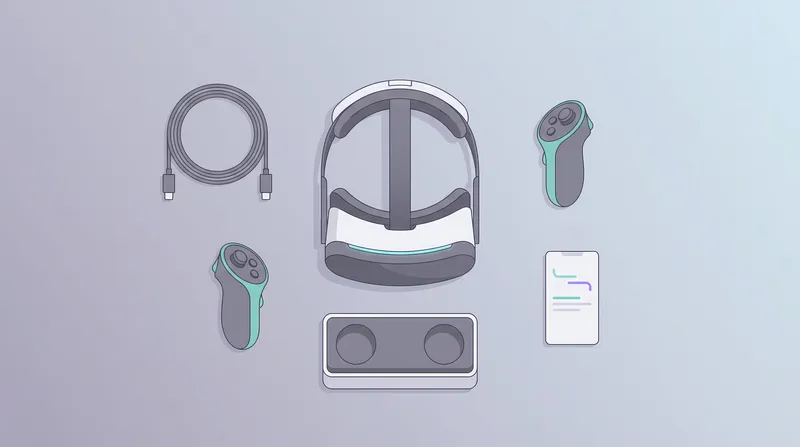Минималистичная технологичная композиция сверху: VR-гарнитура, контроллеры и зарядная станция для посадочных страниц и статей об иммерсивных устройствах