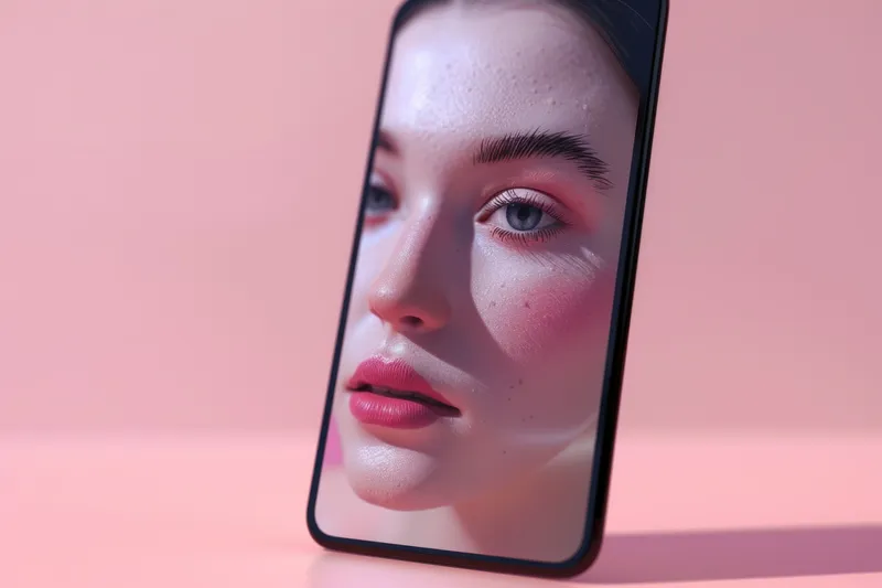 Крупный план лица женщины, отраженного на экране iPhone на ярком розовом фоне