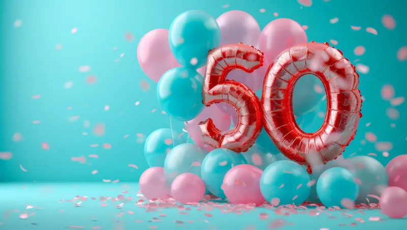 Праздничное число 50 с разноцветными воздушными шарами и конфетти на синем фоне