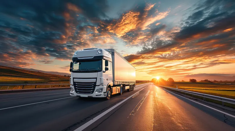 Скоростная трасса на закате: стремительная и яростная доставка груза в движении на фоне величественного пейзажа
