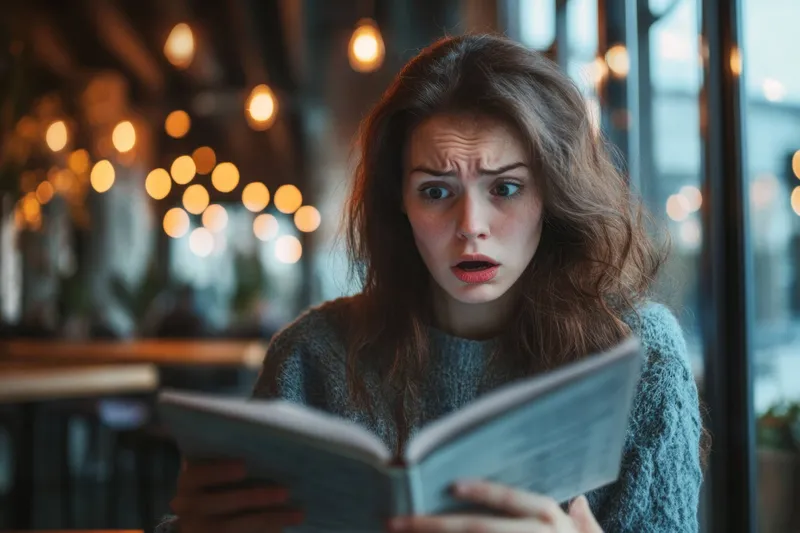 Молодая женщина с удивленным выражением лица читает книгу в теплой и уютной кофейне, наполненной боке-огнями