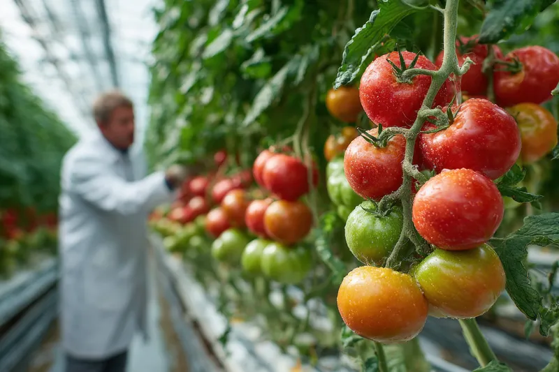 Сцена передает терпение, рост и заботу в тщательно продуманной фермерской обстановке; залитая солнцем теплица, аккуратные ряды и яркие продукты вызывают ощущение свежести, устойчивости и оптимизма