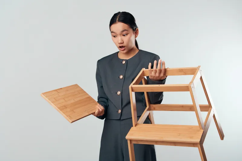 Young woman holding broken wooden chair parts with surprised expression on face standing isolated on white background. Repair, damage and puzzled concept for furniture or home issues.