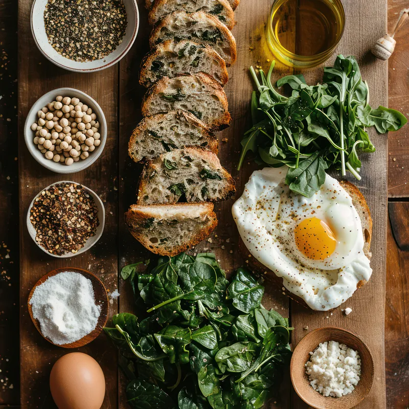 Вкусный завтрак: полезное блюдо с зелёным салатом, деревенским тостом и яичницей-глазуньей, вид сверху на белой тарелке