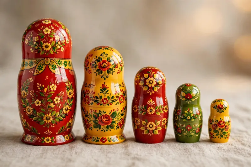 Расписные матрешки выстроились в ряд на светлой ткани
