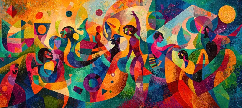 Яркая абстрактная работа, изображающая разнообразные фигуры в движении, которые празднуют вместе с помощью динамичных цветов и форм