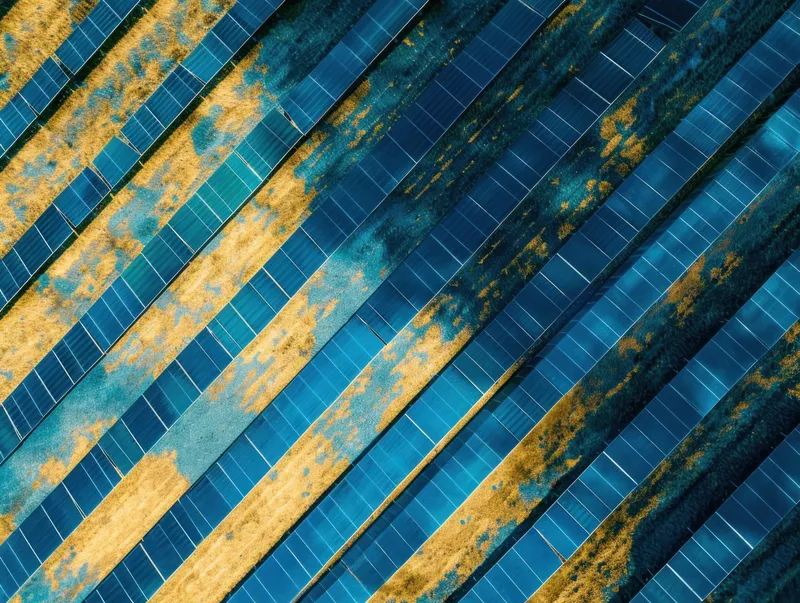 Эстетичный вид сверху на голубые солнечные панели, расположенные под углом на текстурированной желтой поверхности, с акцентом на чистую энергию и экологические инновации