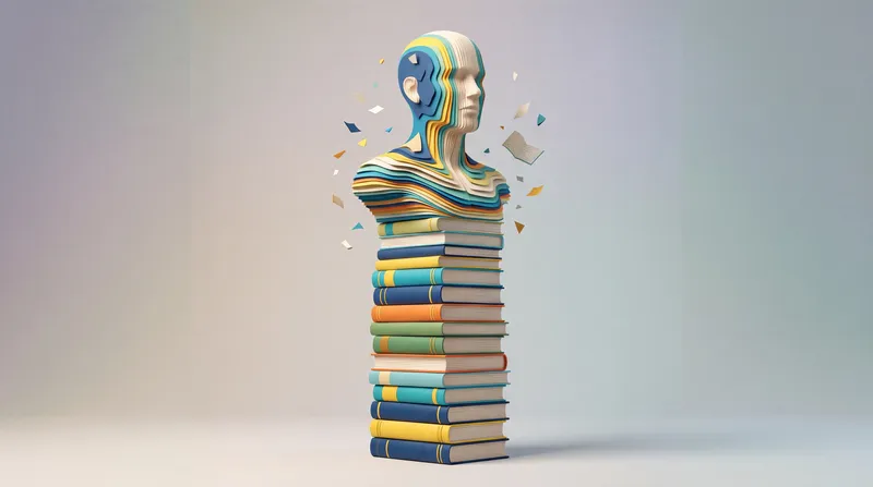 Стопка книг превращается в бюст человека, объединяя издательское дело, учебу и интеллект в яркой абстрактной композиции