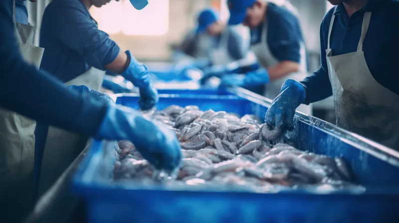 Заводской рынок, рыбный магазин, морепродукты, бизнес, свежая океаническая еда, крупный план, обработка, сырье, работа, рыба, продажа, горизонтальный формат, промышленность, свежесть, производство…