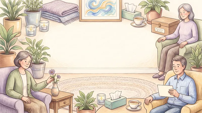 Тёплая сцена, выполненная цветными карандашами: вымышленные взрослые в комнате поддержки памяти, с цветами, памятными вещами, свечами и открытым центральным пространством для сообщений о помощи в горе