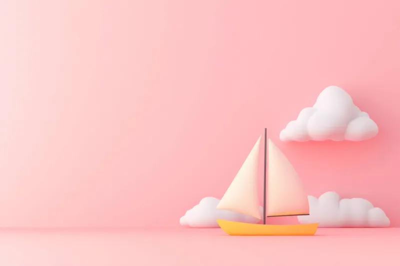 Эта 3D-иллюстрация демонстрирует парусник на фоне пастельно-розового неба с пушистыми облаками, воплощая спокойствие