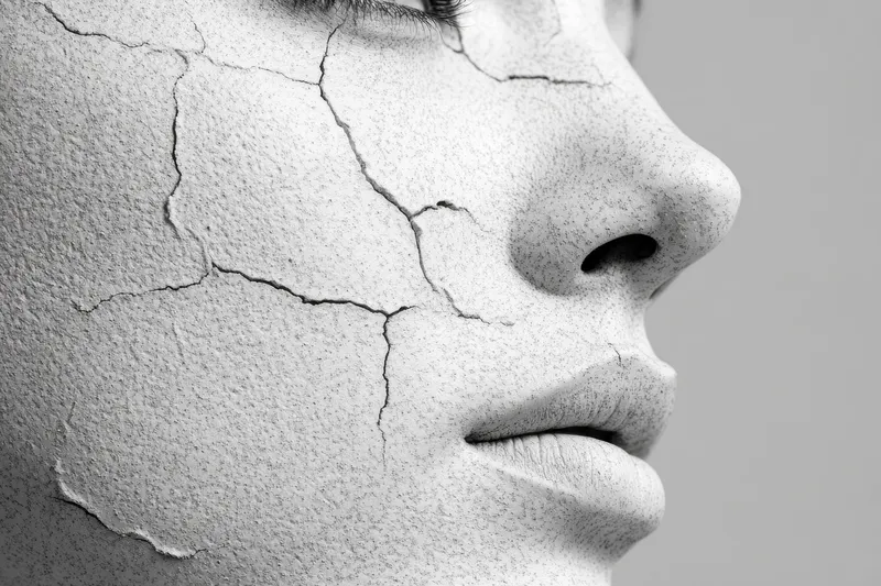 Художественный черно-белый портрет женщины с потрескавшейся кожей, символизирующий красоту и хрупкость