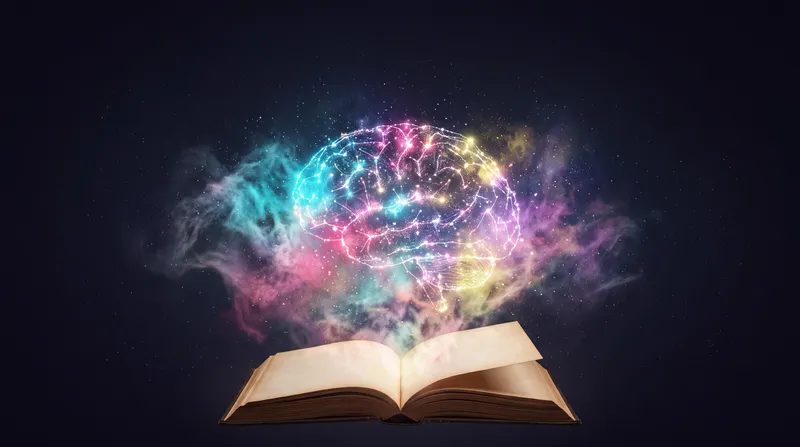 Открытая книга выпускает красочное облако, образующее абстрактный мотив интеллекта