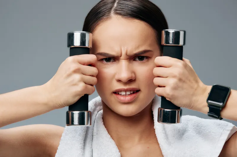 Woman in workout mode holds dumbbells near temples, towel around neck, intense training scene, clear focus and effort during strength exercise in a gym studio.