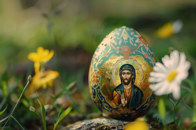 Пасхальное яйцо, украшенное изображением Иисуса, отдыхающего в траве в солнечный день