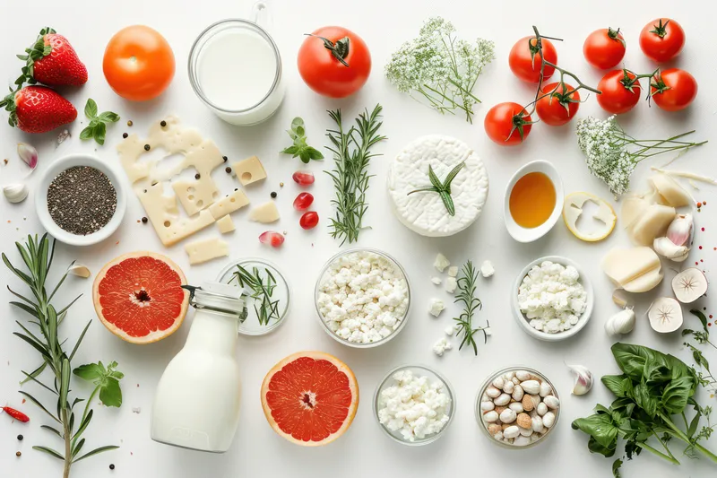 Полезные ингредиенты на чистом фоне: свежий, здоровый ассортимент продуктов для сбалансированного питания