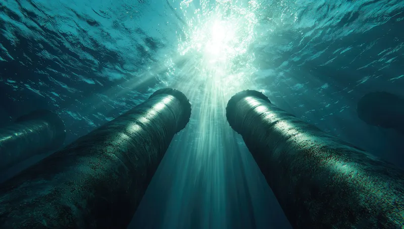 Безмятежная подводная сцена с затопленными колоннами, сквозь которые пробивается солнечный свет, создающая ощущение спокойной морской среды