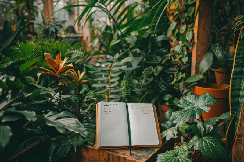 Открытая книга на деревянном столе в окружении зеленых растений и горшечных растений в теплице