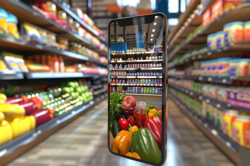 Смартфон, отображающий свежие овощи на фоне продуктового магазина