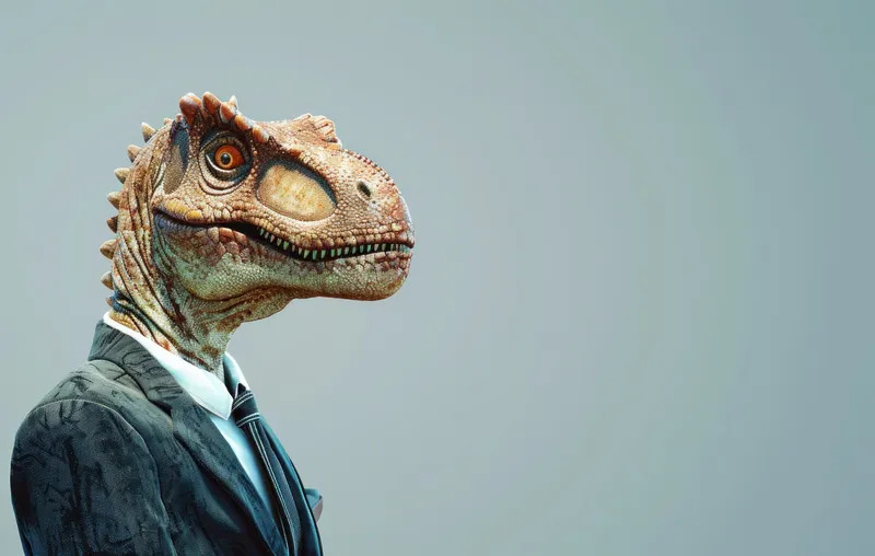 Элегантный тираннозавр рекс в деловом костюме на сером фоне, уникальная мода в доисторические времена