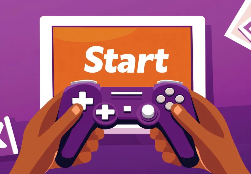 Красочная иллюстрация, на которой руки сжимают фиолетовый игровой контроллер с экраном запуска, идеально подходит для любителей игр и тем, связанных с технологиями