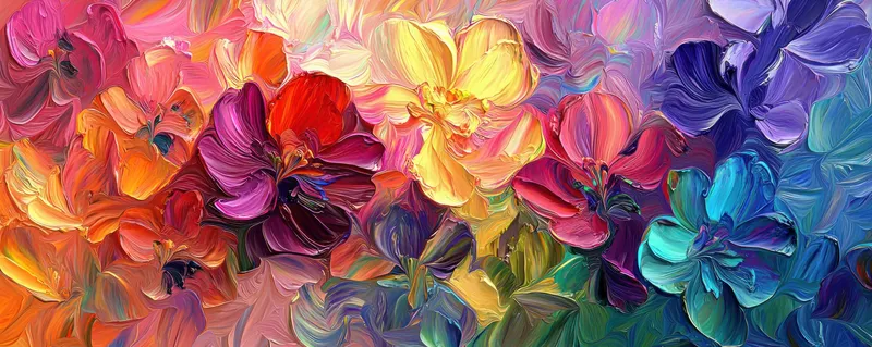 Пышное и яркое цветочное произведение искусства, включающее множество цветов ярких оттенков, создающее живую атмосферу, прославляющую природу и творчество