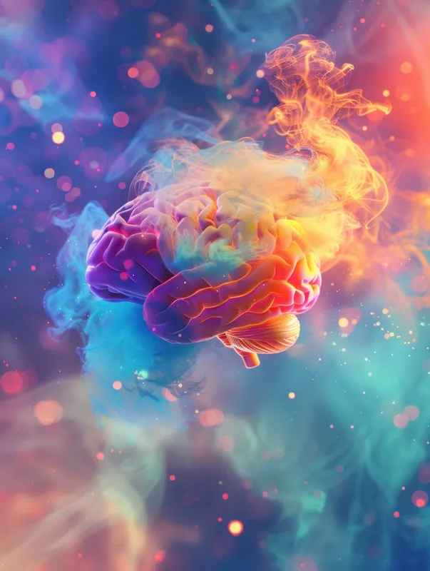 Художественное изображение мозга, окруженного разноцветными клубящимися дымками и эфирными световыми эффектами
