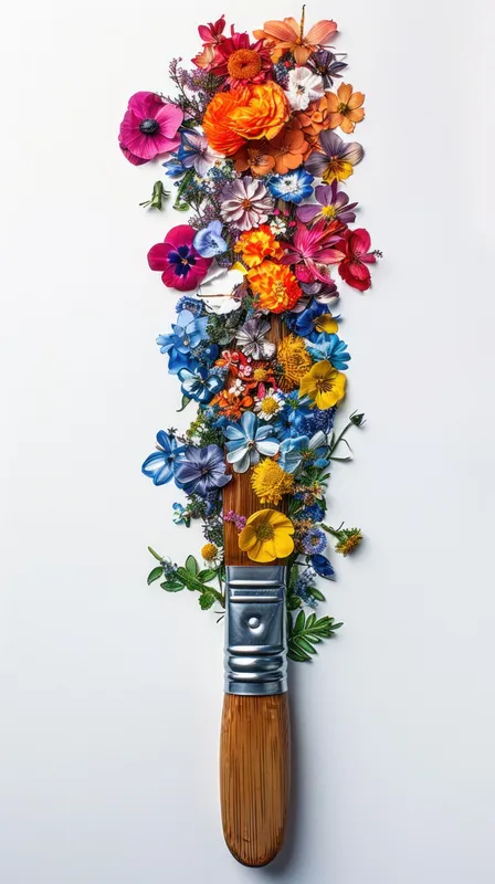 Кисть, наполненная цветами, на белой поверхности с надписью «Flowers»