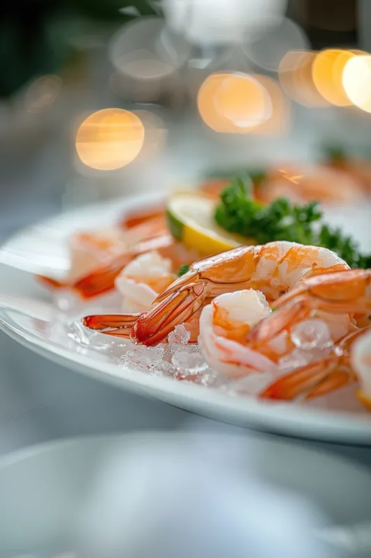 Вкусное блюдо из креветок со свежим лимоном и петрушкой на белой тарелке