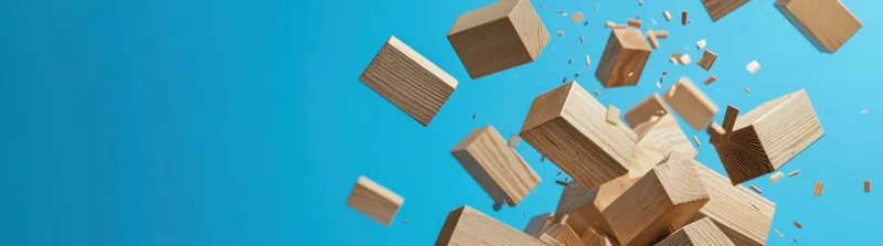 Яркий синий фон с движущимися деревянными блоками, олицетворяющий креативность, динамичное движение и игривые дизайнерские концепции