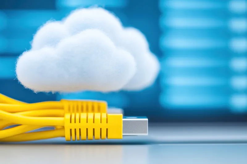 Желтые Ethernet-кабели символизируют подключение к облаку, демонстрируя концепцию передачи данных и современных технологий в цифровом рабочем пространстве