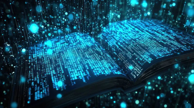 Открытая книга, из которой на темном космическом фоне исходит яркий голубой двоичный код, символизирует слияние знаний и технологий
