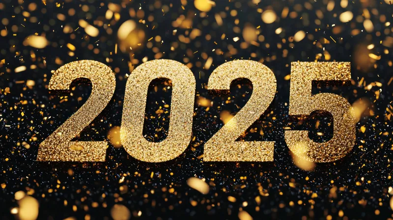 Празднование Нового года 2025: золотые сияющие цифры в окружении искрящихся блесток символизируют радость, волнение и новые начинания в праздничной атмосфере