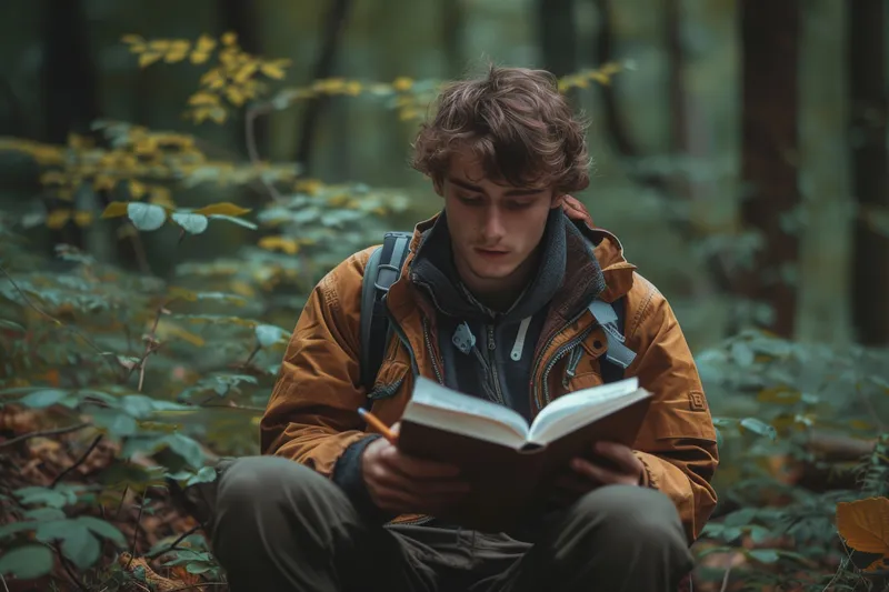 Безмятежный молодой человек читает книгу в уединении лесной поляны, окруженный природой