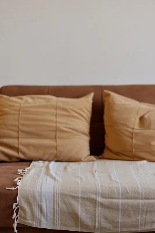 A cozy living room scene features a brown sofa with beige cushions and a cream knit throw draped over the edge, inviting relaxation and quiet evenings at home with soft ambient light
