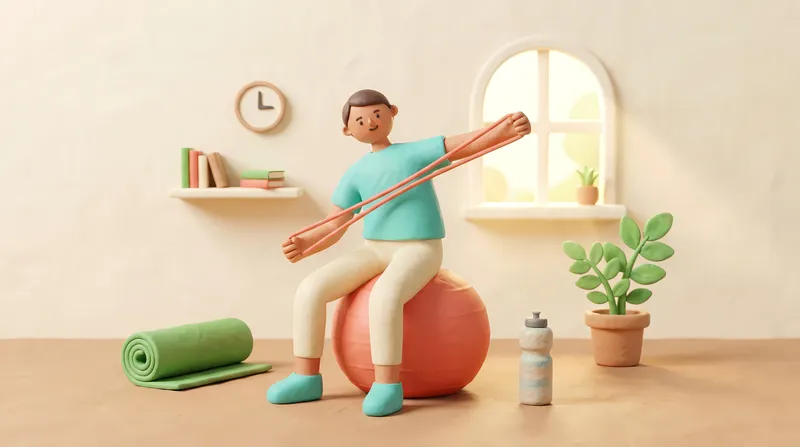 Сделанная вручную 3D-сцена из глины, изображающая человека, который делает растяжку дома с фитнес-мячом и эспандером, для контента о фитнесе и благополучии