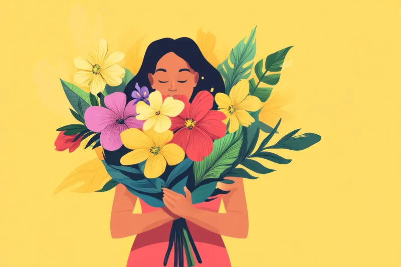 Счастливая латиноамериканка, обнимающая пышный букет ярких цветов на жизнерадостном желтом фоне, отражающая темы радости, весны и красоты природы