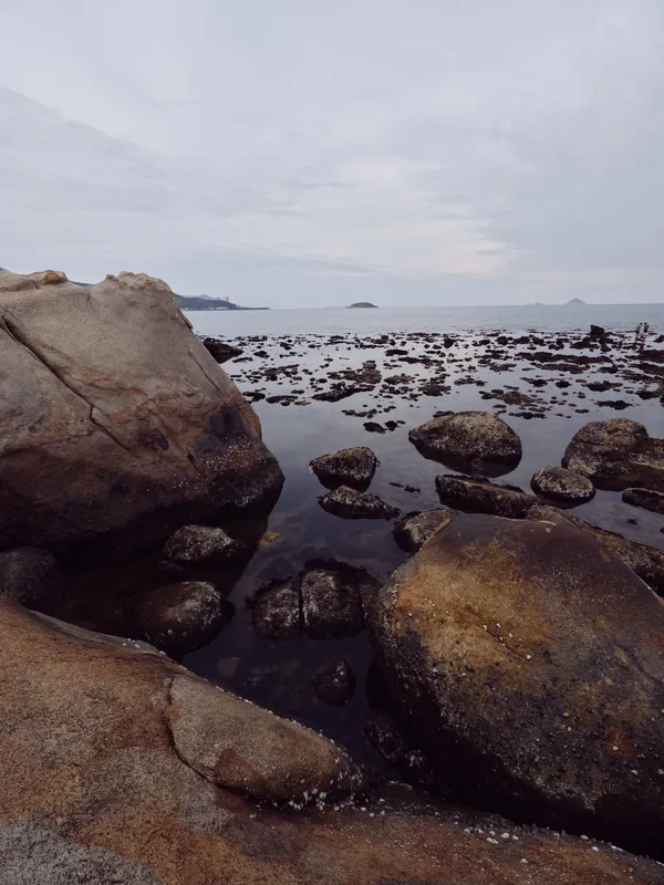 Tranquil coastal landscape with rocky shore and calm waters, evoking serenity and nature s beauty in a soothing color palette